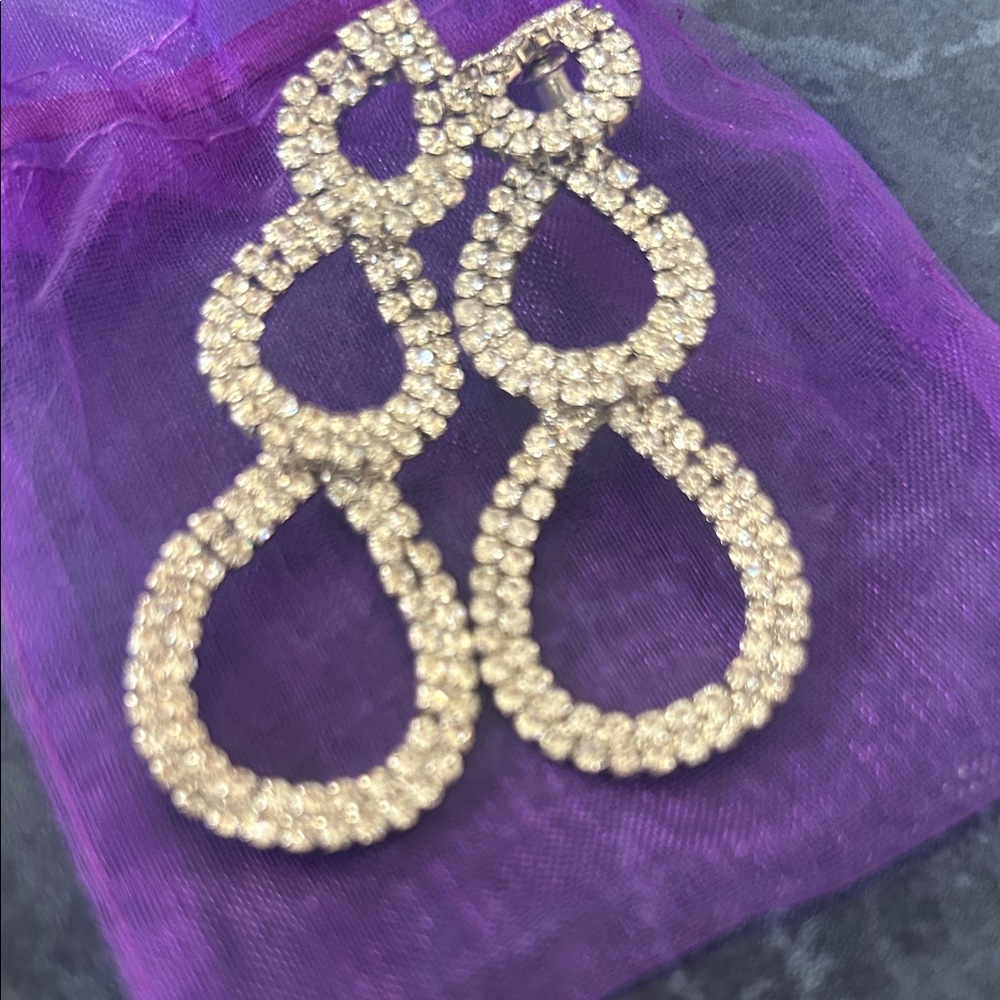 Vintage Silver Rhinestone triple Chandelier Earrings , pierced. Wedding , Bridal